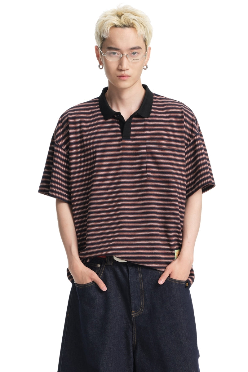 Dangerouspeople DSP Stripe Woven‑Label Loose Drop‑Shoulder Polo Shirt