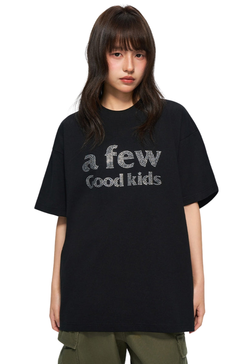 AFGK Solid Black Full Rhinestone Logo Cotton Tee American Vintage Loose T-shirt