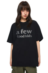 AFGK Solid Black Full Rhinestone Logo Cotton Tee American Vintage Loose T-shirt