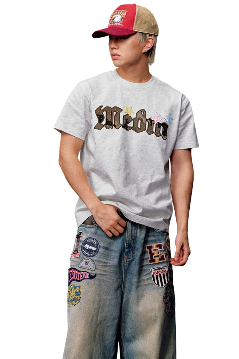 MEDM Leather Star Camo Dot Patch Embroidery Men Heavyweight T-Shirt