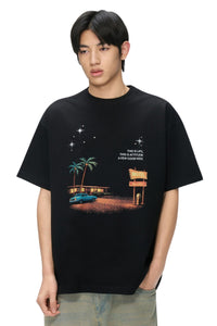 AFGK Vintage Night Print Tee Unisex American Street Loose T-shirt