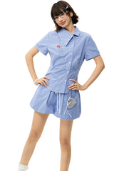 MEDM Heart Embroidery Plaid Cropped Shirt Women Slim Short Sleeve Top