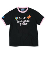 MEDM × YUY Jade Hugging Heart Slogan Contrast Trim Crew Neck Tee