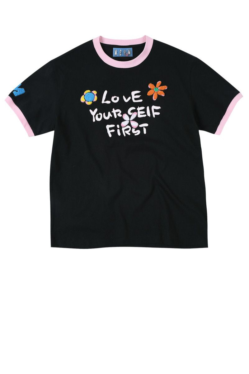 MEDM × YUY Jade Hugging Heart Slogan Contrast Trim Crew Neck Tee