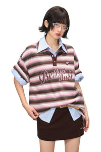 BJHG Summer Couple Polo Shirt Preppy Striped Collared Short‑Sleeve Casual Top