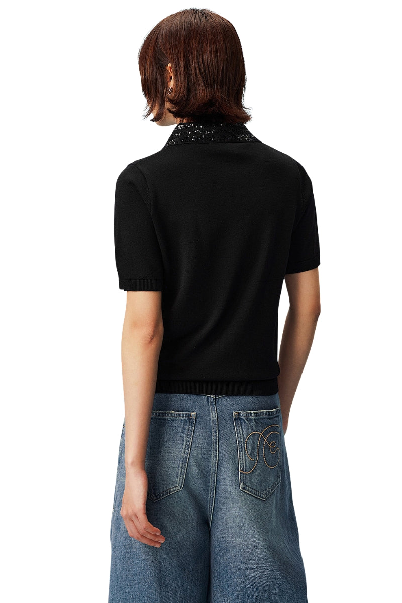 MEDM Casual Loose Fit Sequin Polo Collar Women's Tee