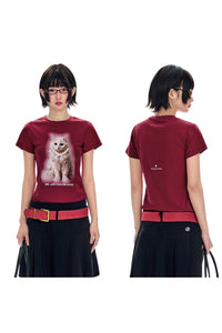 BJHG Exquisite Cat Print True‑Shoulder Fitted Tee Women Summer Designer Short Sleeve Top