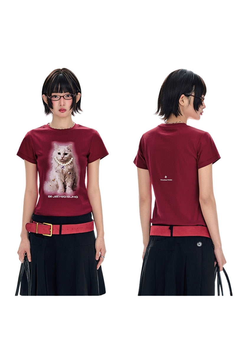 BJHG Exquisite Cat Print True‑Shoulder Fitted Tee Women Summer Designer Short Sleeve Top