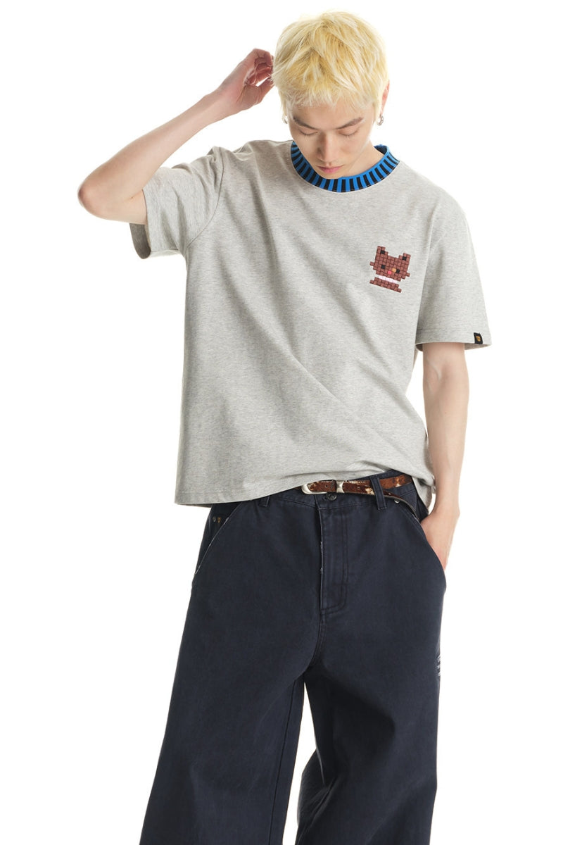 DangerousPeople DSP｜Striped Color Block Cat Embroidery Loose Short Sleeve Tee
