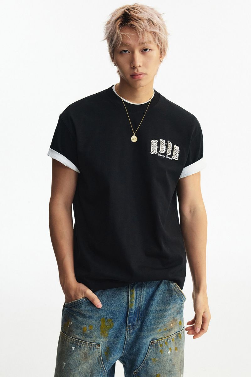 MEDM Vintage Leather Patch Oversized Unisex Crew Neck T-Shir