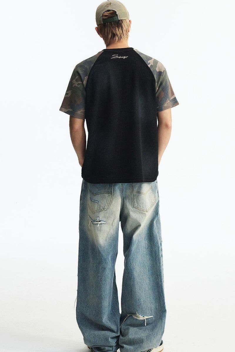 MEDM Waffle Camo Patch Logo Raglan Tee Vintage Oversized Unisex