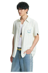 Dangerouspeople DSP｜Retro Music Cat Stripe Seersucker Short Sleeve Shirt