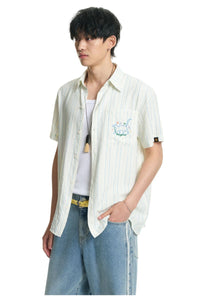 Dangerouspeople DSP｜Retro Music Cat Stripe Seersucker Short Sleeve Shirt