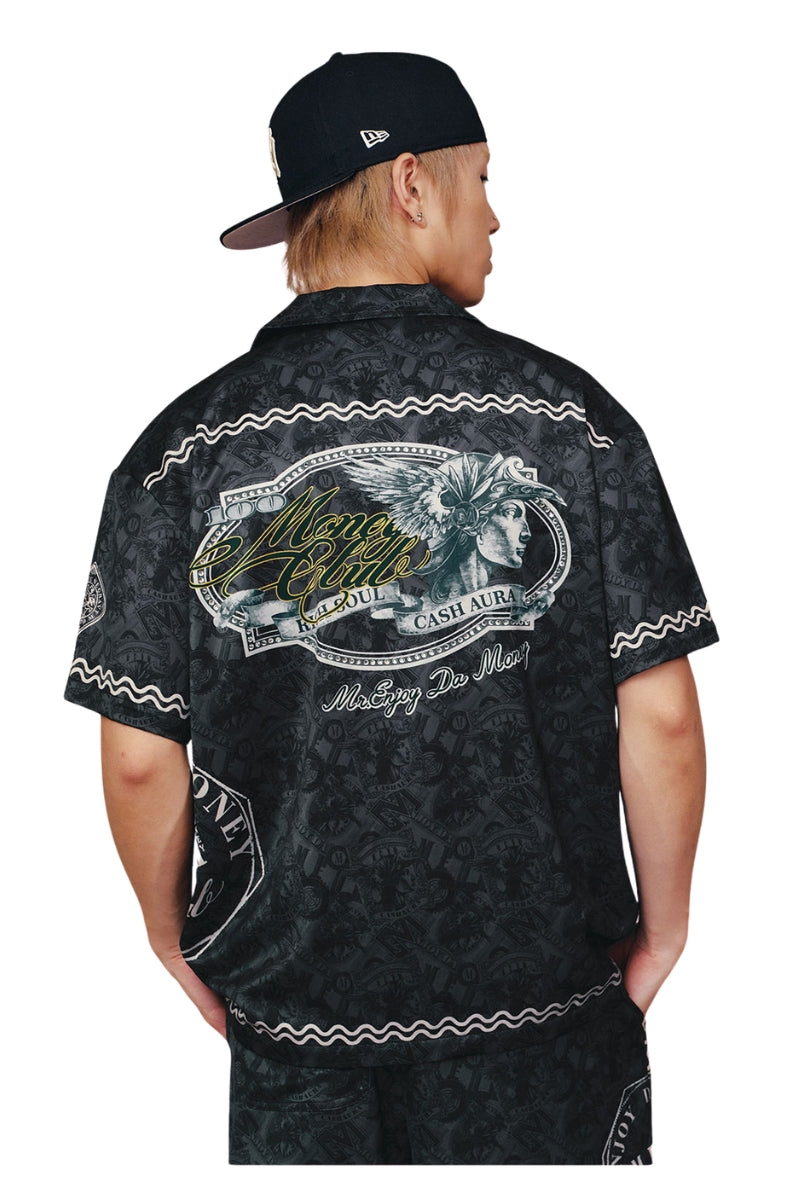 MEDM All Over Dollar Print Cuban Collar Embroidered Shirt