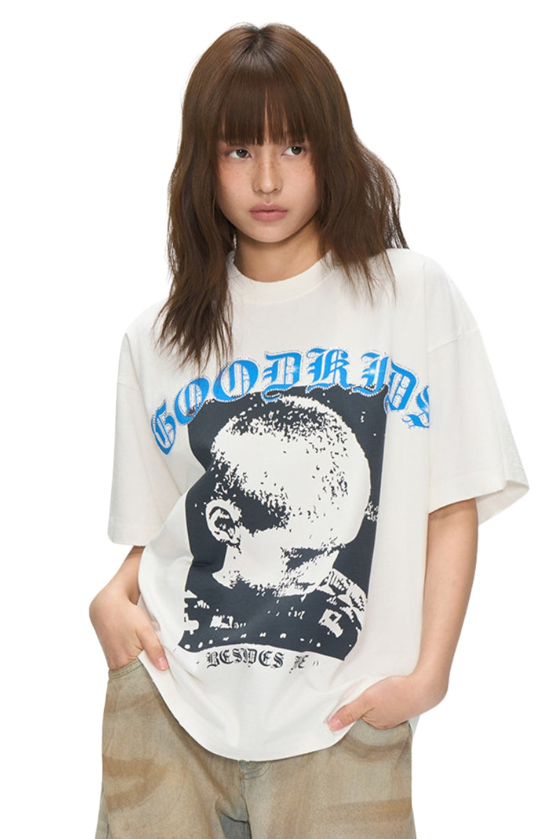 AFGK Rhinestone Vintage Screen Print Tee Unisex American Street Loose T-shirt