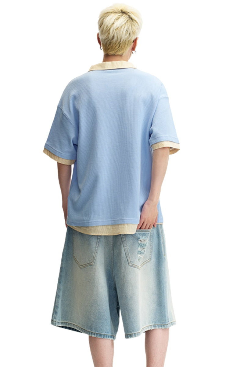 DangerousPeople DSP｜Fake Two‑Piece Dog Embroidery Oversized Drop‑Shoulder Polo Shirt