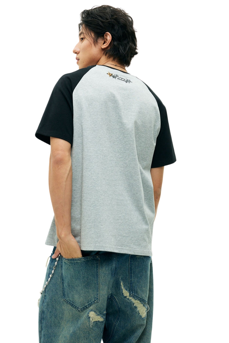 MEDM Contrast Raglan Leopard Leather Patch Vintage Tee