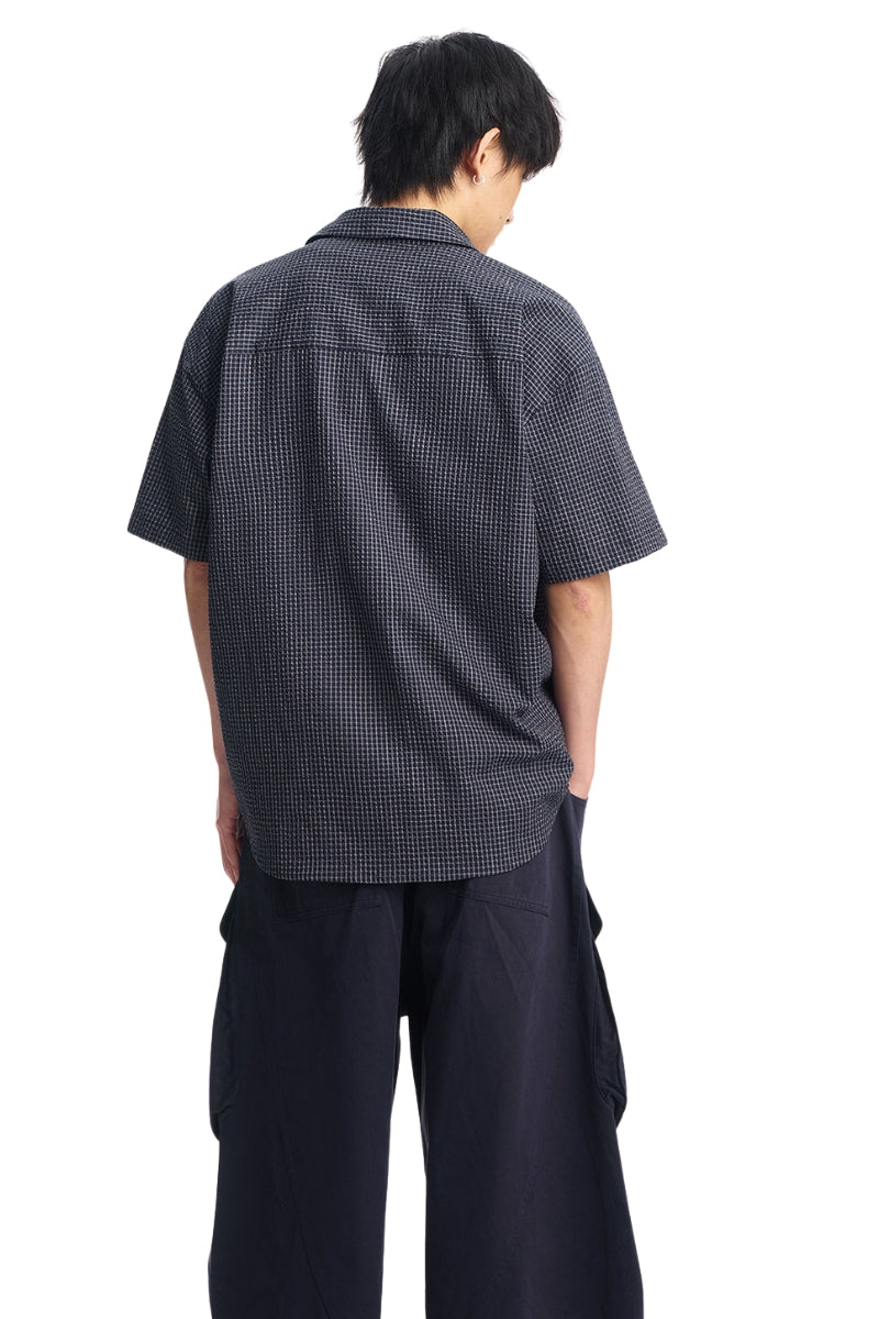 Dangerouspeople DSP｜Puzzle Patch Gingham Drop‑Shoulder Short Sleeve Shirt