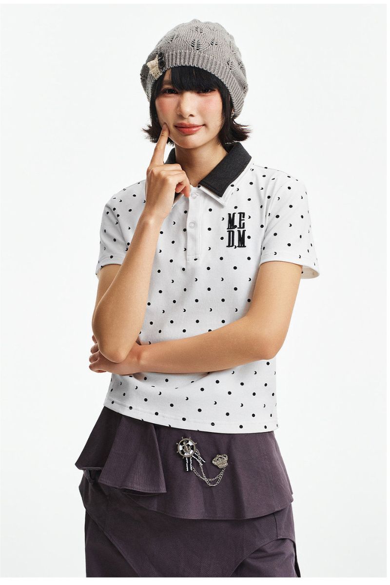 MEDM Fake Two-Piece Polka Dot Short-Sleeve POLO