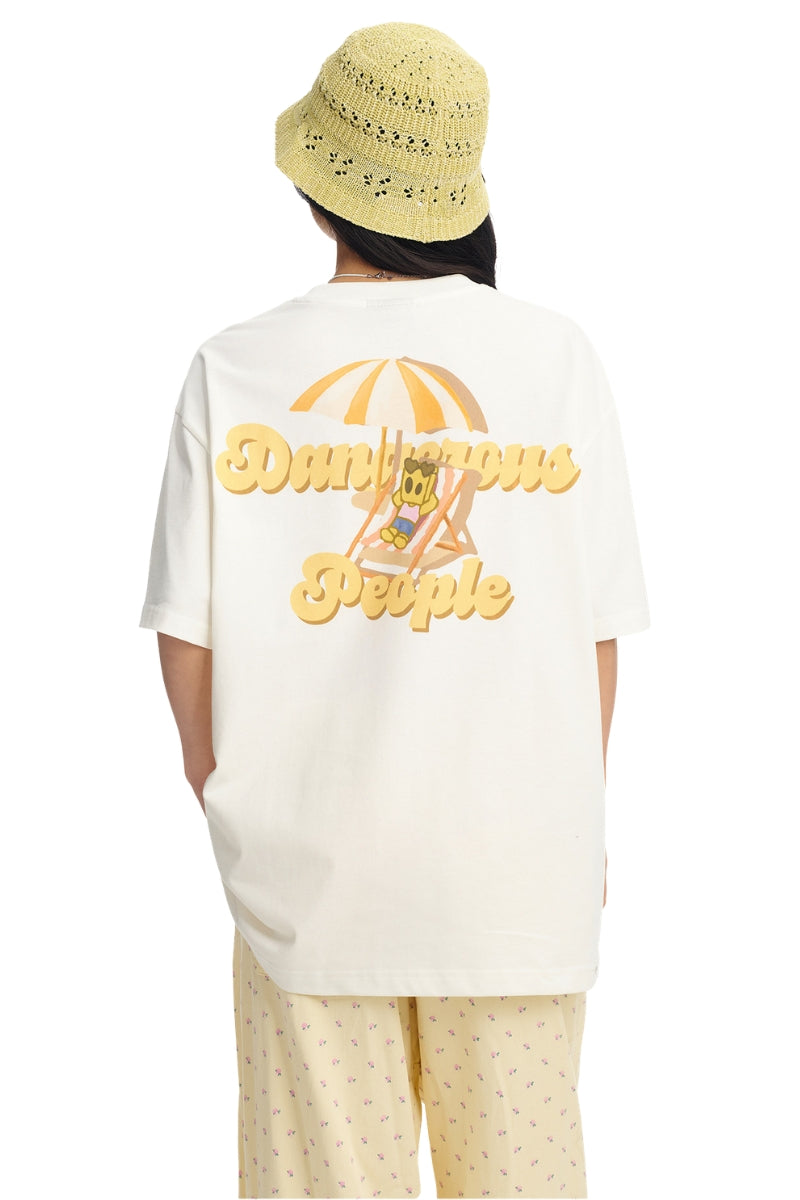 DangerousPeople｜Sunset Beach Small‑D Print Drop‑Shoulder Couple T‑Shirt