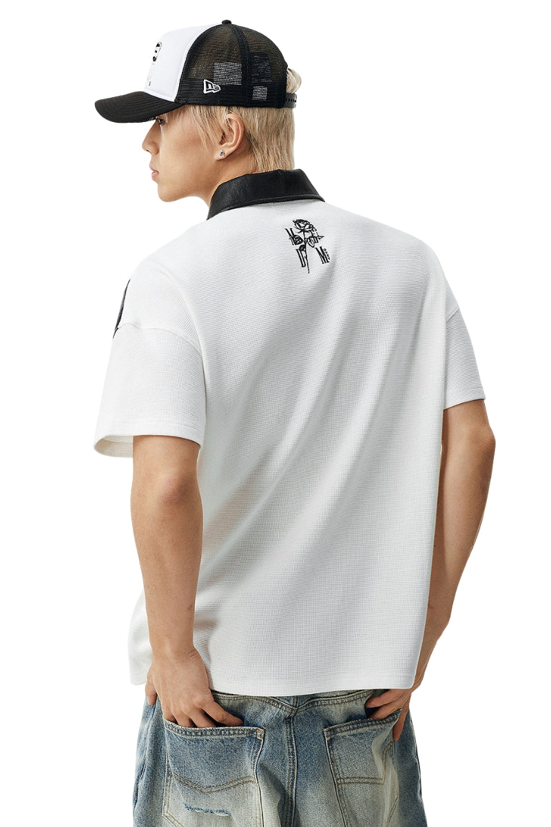 MEDM Letter Embroidered Waffle Spliced Leather Polo T-Shirt