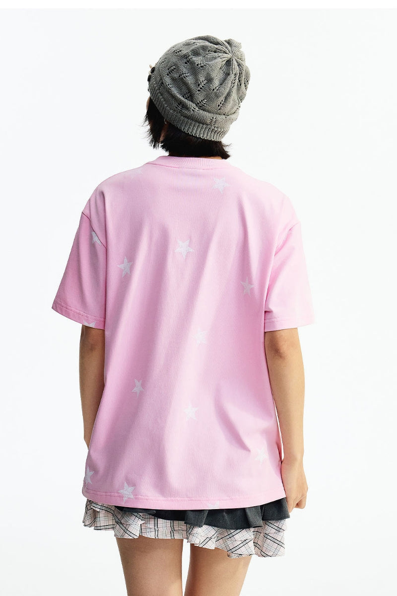 MEDM All Over Print Star Letter Embroidery T-shirt, Loose Crew Neck Couple Tee