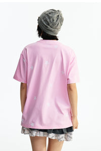 MEDM All Over Print Star Letter Embroidery T-shirt, Loose Crew Neck Couple Tee