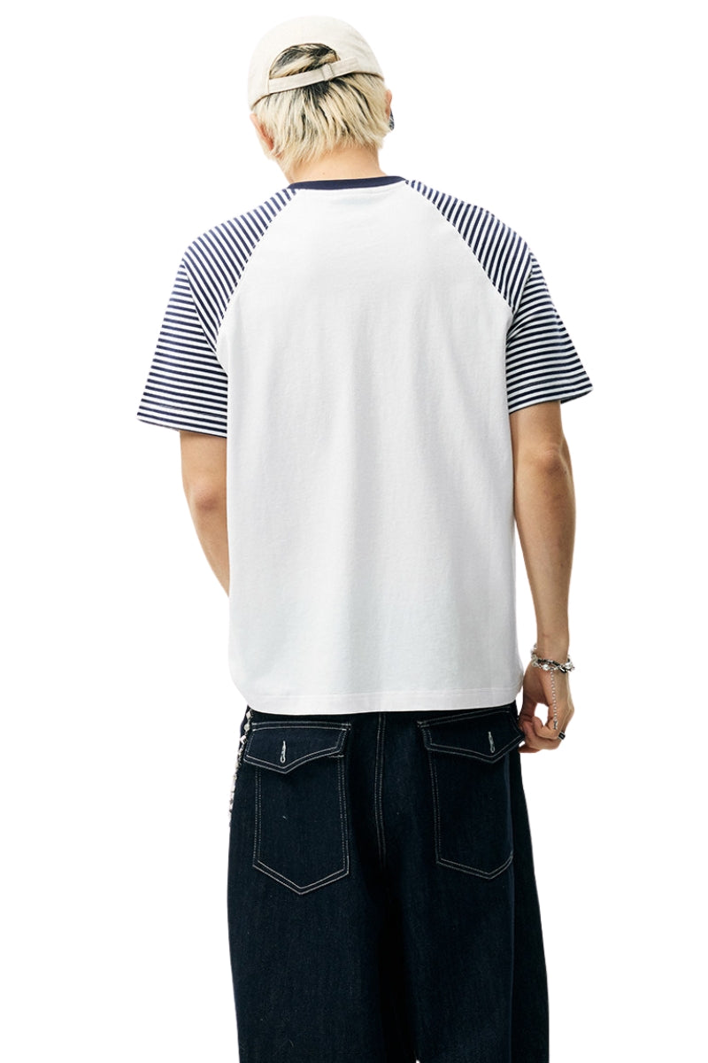 MEDM Stripe Raglan Embroidered Logo Loose T-shirt Men