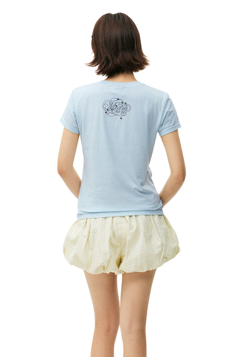 MEDM Rhinestone Cursive Slim Crew Neck Women T-Shirt