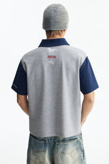 MEDM Wild Horse Embroidery Contrast Panel Loose Short Sleeve Polo Shirt