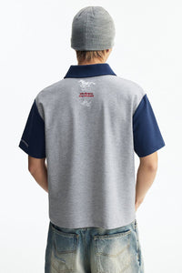 MEDM Wild Horse Embroidery Contrast Panel Loose Short Sleeve Polo Shirt