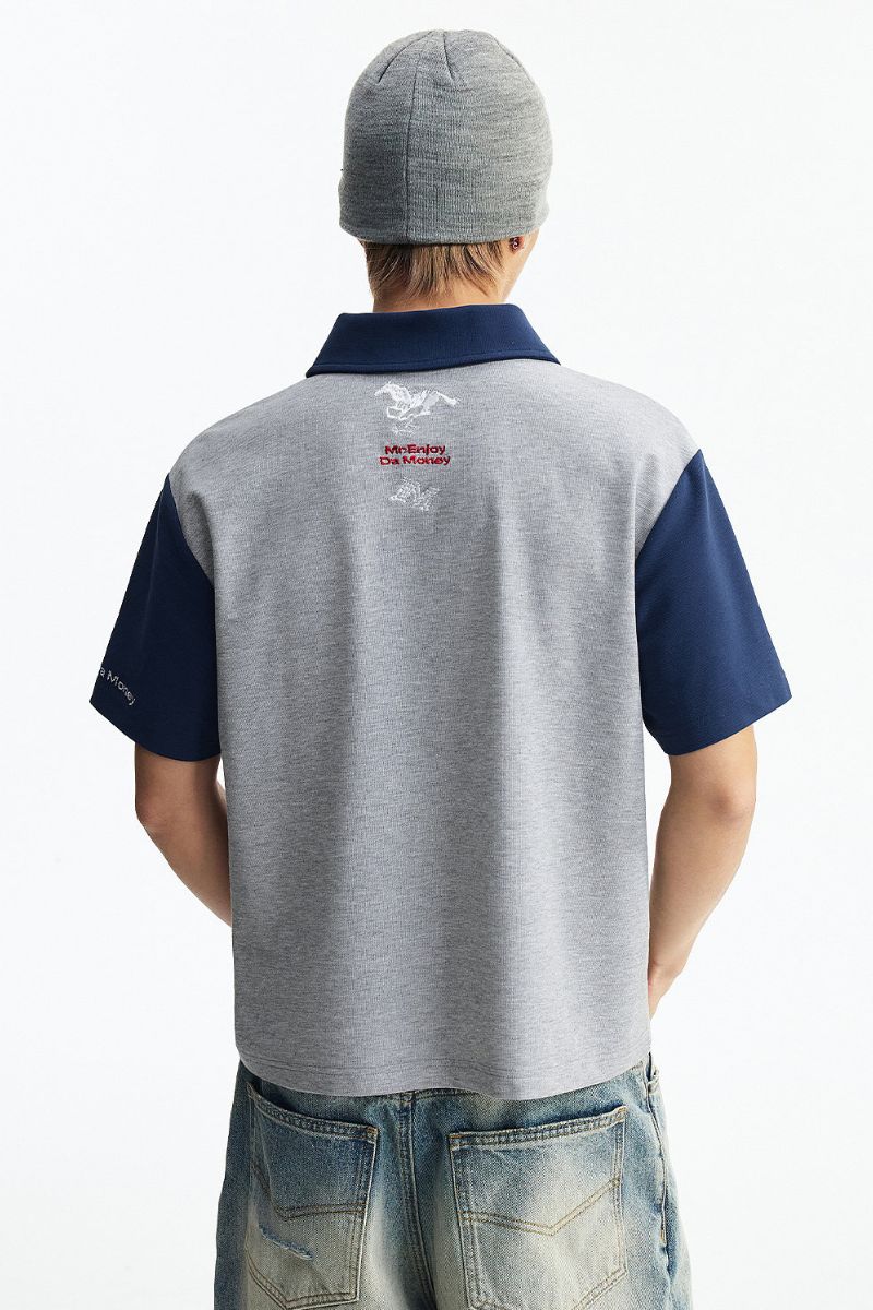 MEDM Wild Horse Embroidery Contrast Panel Loose Short Sleeve Polo Shirt