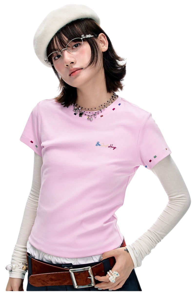 BJHG Women Colorful‑Embroidery Knitted Short‑Sleeve Tee, Set‑in‑Shoulder Slim‑Fit Top