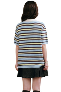 MEDM Striped Zip Polo Contrast Embroidery Couple Tee