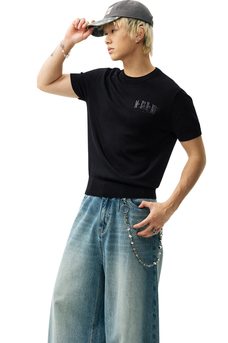 MEDM Solid Knit Embroidered Logo Loose Couple T-shirt