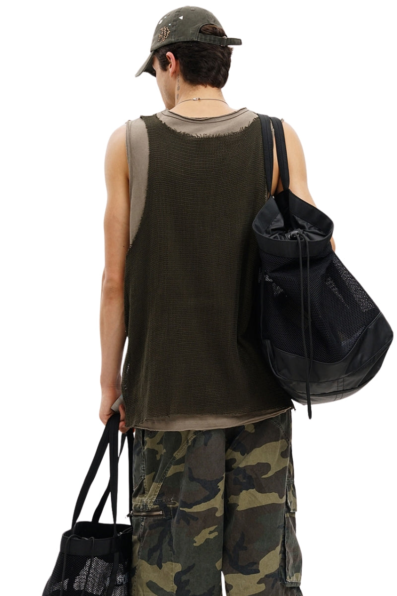 MASONPRINCE Solid Mesh Double Layer Loose Cotton Tank Top