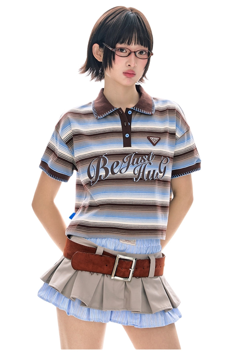 BJHG Summer Retro Women T‑Shirt Striped Collared Color‑Block Polo Casual Fashion Top
