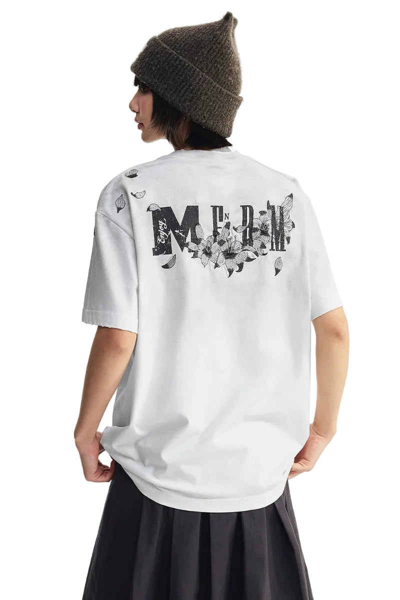 MEDM Vintage Washed Lily Print Oversized Unisex Crew Neck Tee