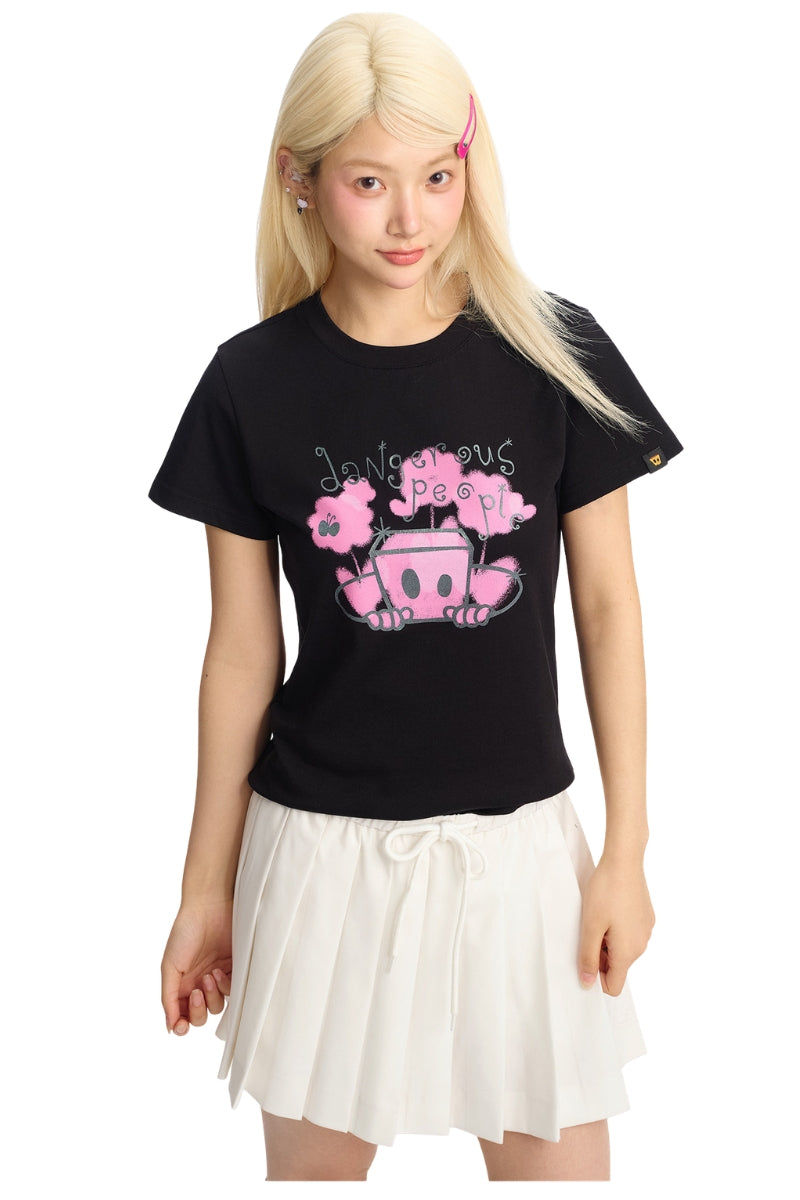 DangerousPeople DSP Glitter Mini‑D Print Tee Slim Fit Sweet‑Cool Women T‑Shirt