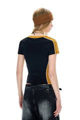 BJHG Women Retro V‑Neck T‑Shirt Summer Slim Waist Casual American Streetwear Top
