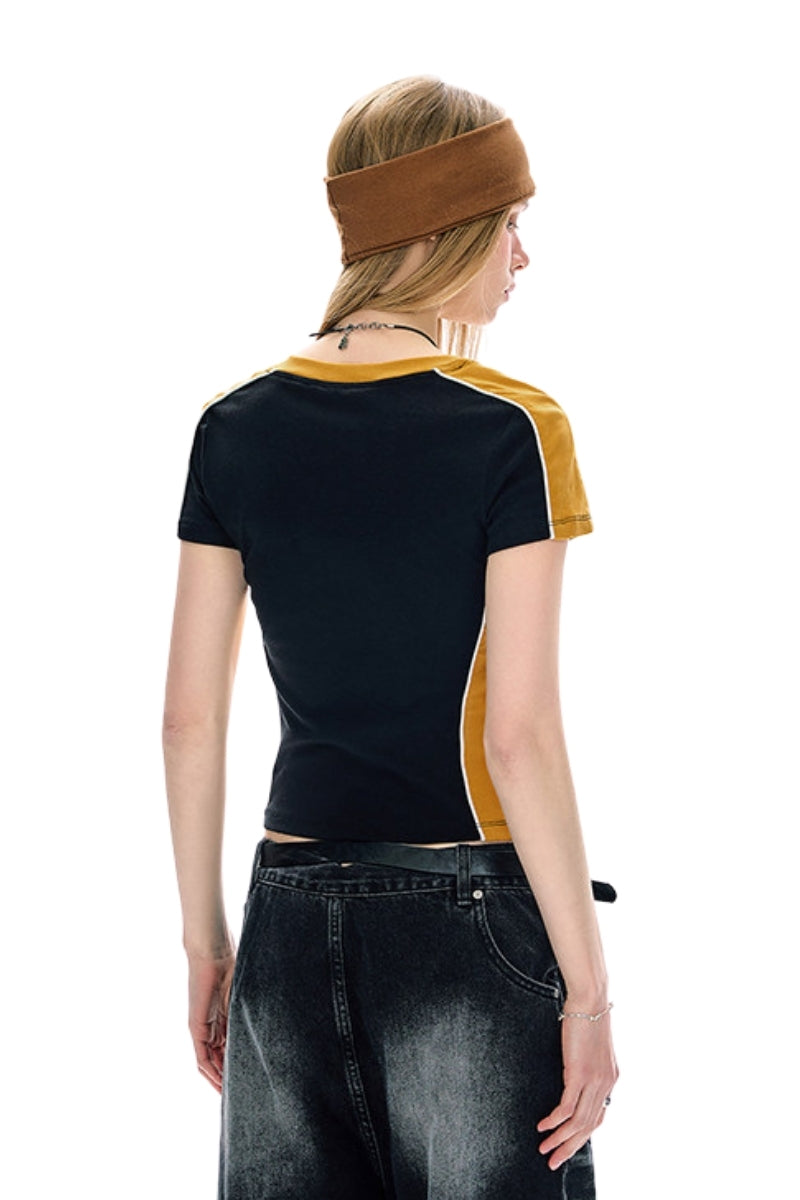 BJHG Women Retro V‑Neck T‑Shirt Summer Slim Waist Casual American Streetwear Top
