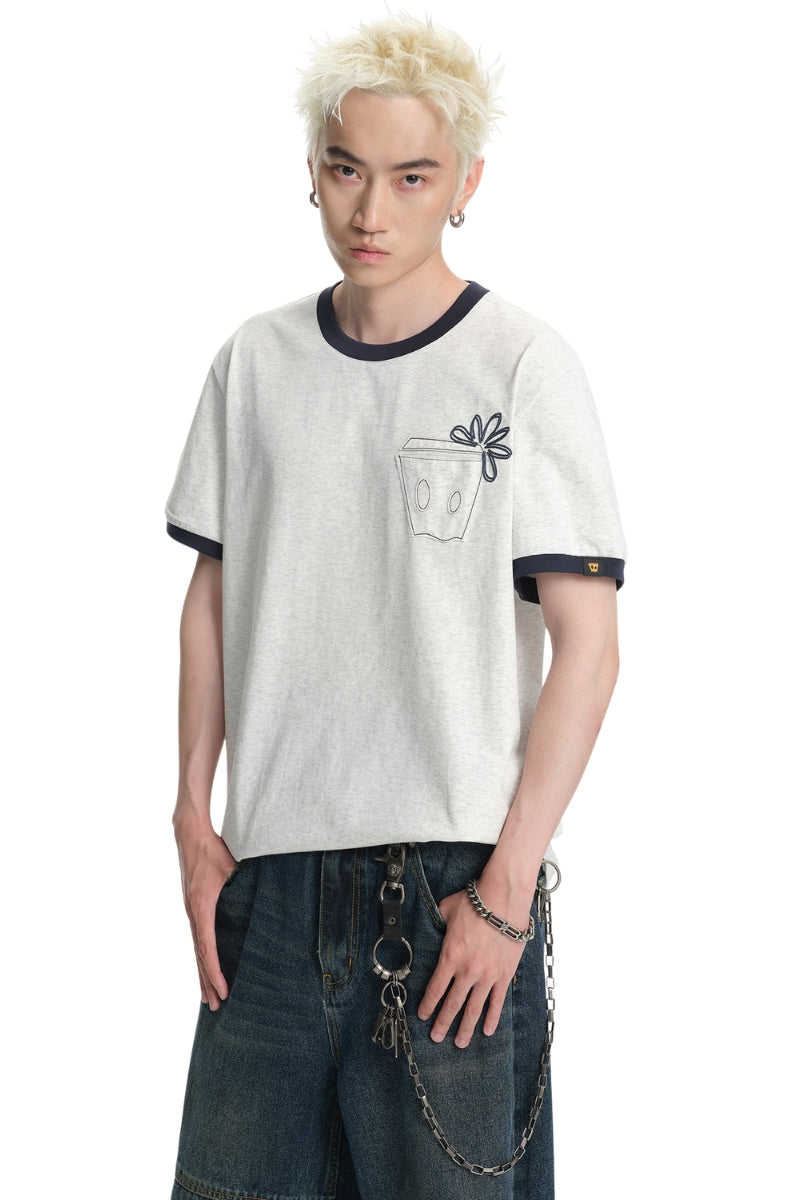 DangerousPeople DSP Color‑Block Paper‑Bag Head Pocket Loose Drop‑Shoulder Cool‑Touch T‑Shirt