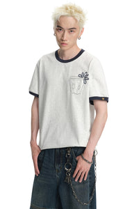 DangerousPeople DSP Color‑Block Paper‑Bag Head Pocket Loose Drop‑Shoulder Cool‑Touch T‑Shirt