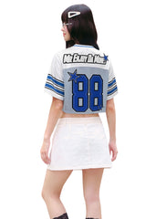 MEDM Women Cropped Retro Contrast V Neck Jersey Tee