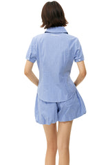 MEDM Heart Embroidery Plaid Cropped Shirt Women Slim Short Sleeve Top
