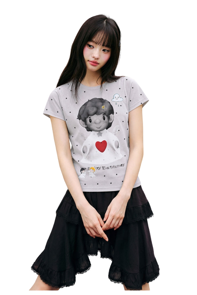 MEDM Women 3D Angel Heart Polka Dot Allover Print Slim Tee