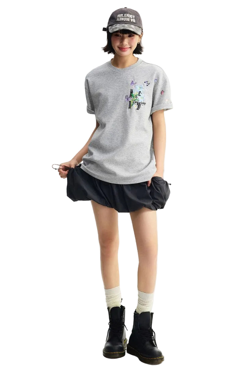 MEDM 3D Butterfly Magnolia Embroidered Oversized Couple Crew Neck T-Shirt