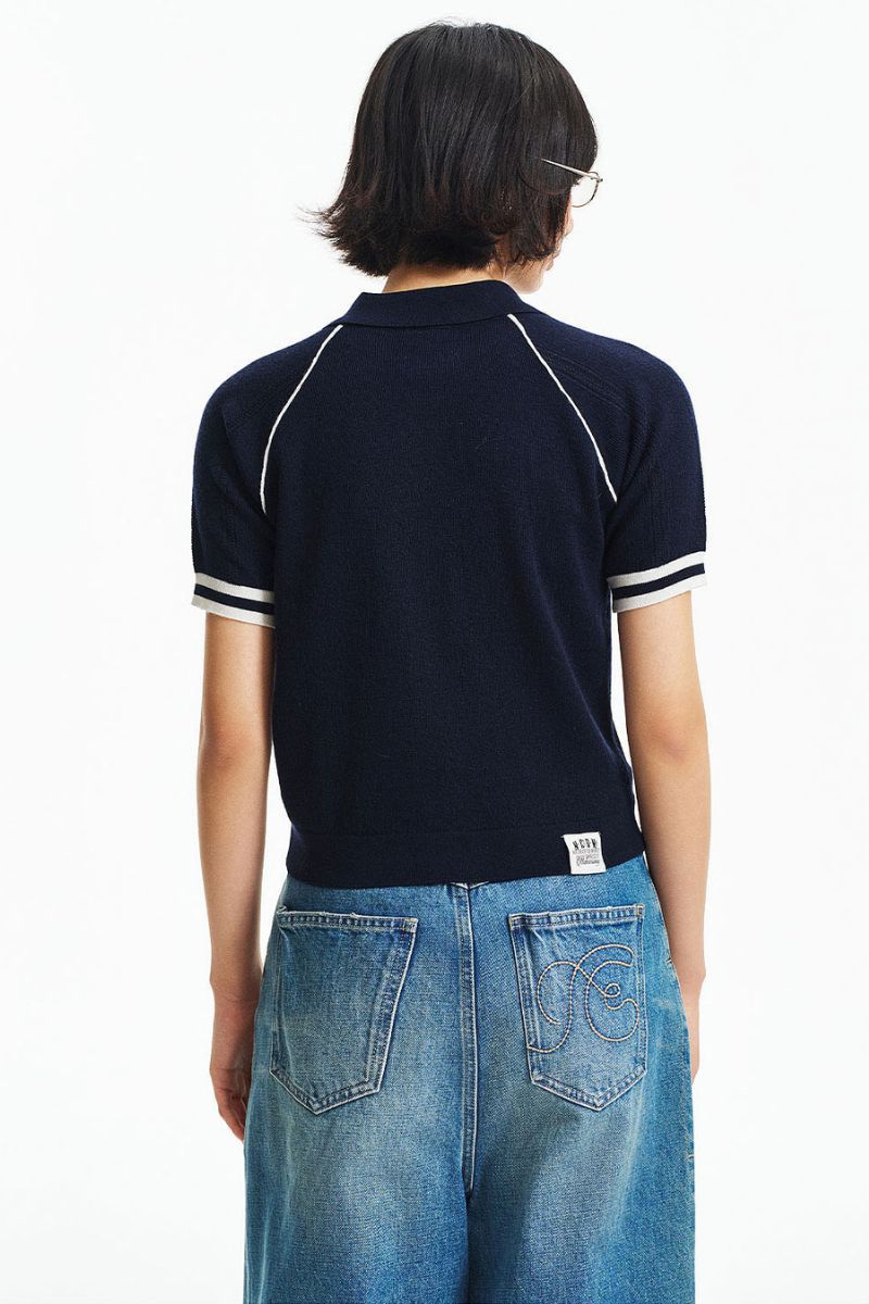 MEDM Embroidered Small LOGO Color-Block Embedded Striped Short-Sleeve POLO