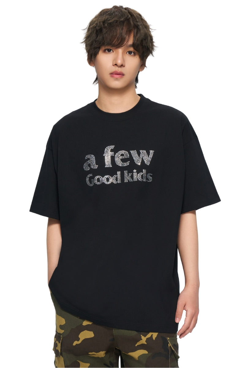 AFGK Solid Black Full Rhinestone Logo Cotton Tee American Vintage Loose T-shirt