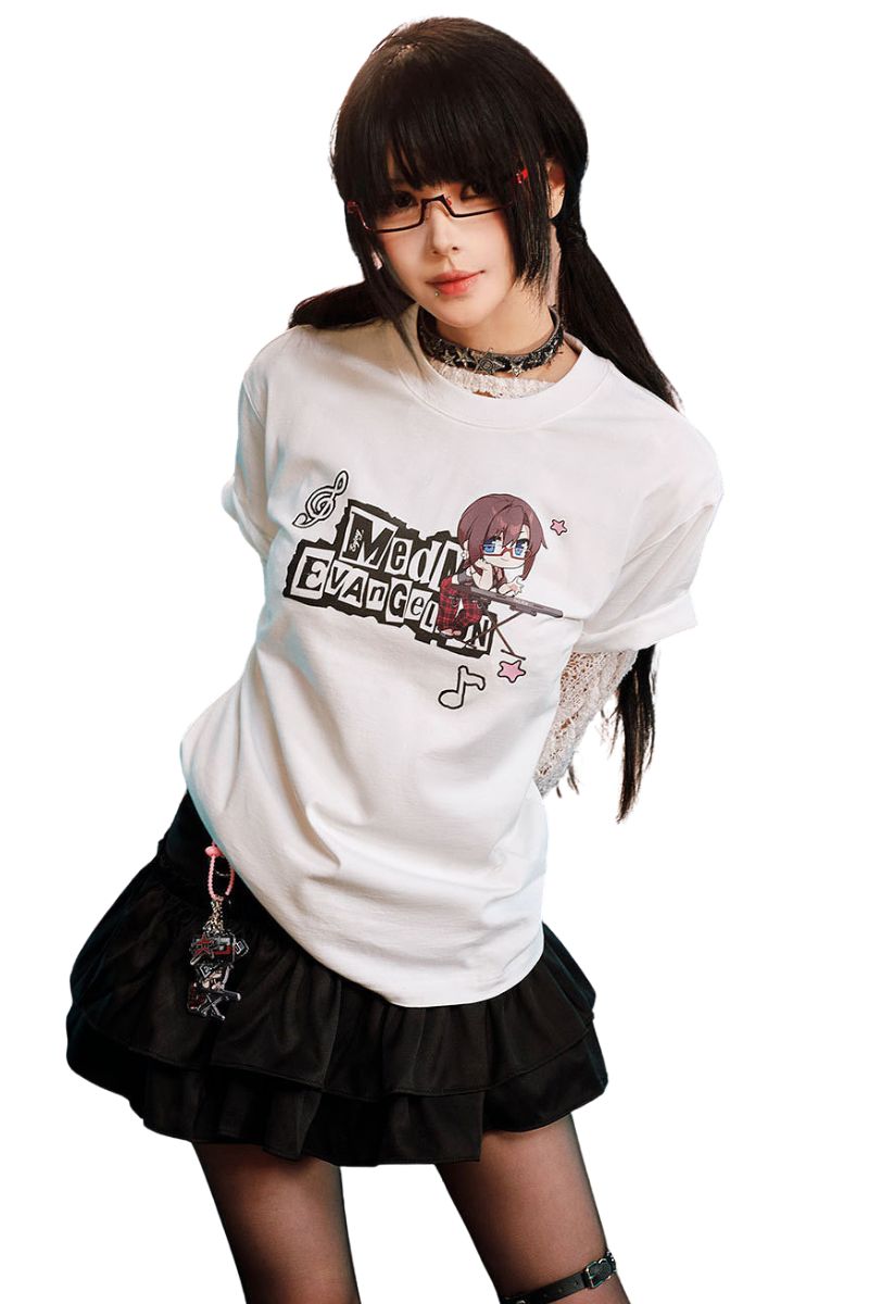 MEDM x EVA NEVER END Chibi Music Note Print Basic Crew Neck Tee
